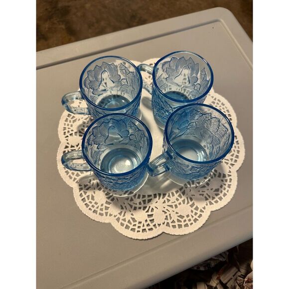 Vintage Kig Indonesia Glass Mugs - Set of 4, Ice Blue, Embossed Fruit GREAT USED - Picture 5 of 9